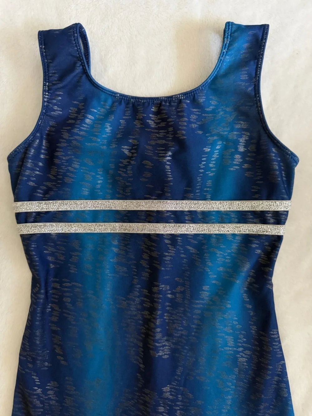 Danskin Now | Metallic Stripe Gymnastics Dance Biketard Leotard Blue Silver 6/6X